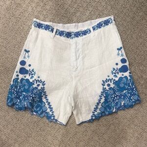 Johnny Was High Waist Shorts with Blue Floral Embroidery